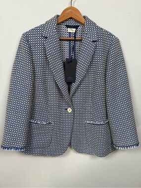 NWT BLUE Les Copains Knit Tweed Blazer Blue White Frayed Trim Size IT 46 (US 10)